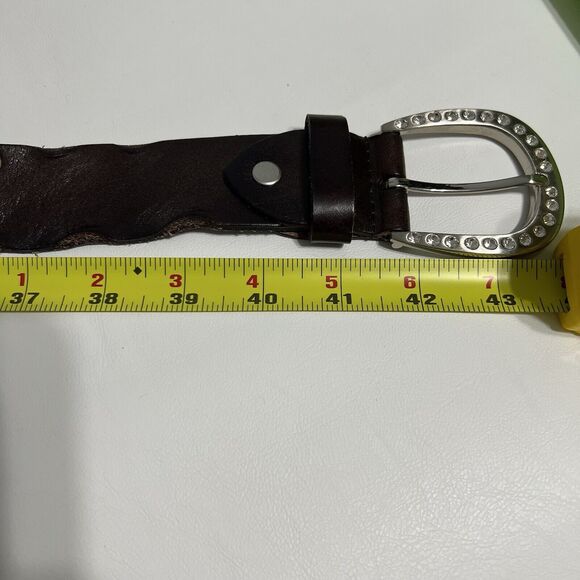 Leather Rhinestone Belt Brown Silver Western Rodeo y2k Studded Women's Large - Picture 3 of 4